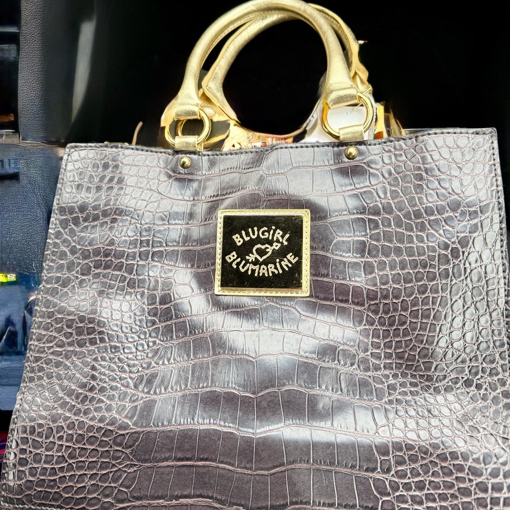 Blumarine Gold and Silver Croc-Embossed Tote